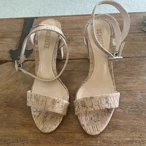 Schutz  Open Toe Sandal with ankle strap and chunky heel  6.5 Cork